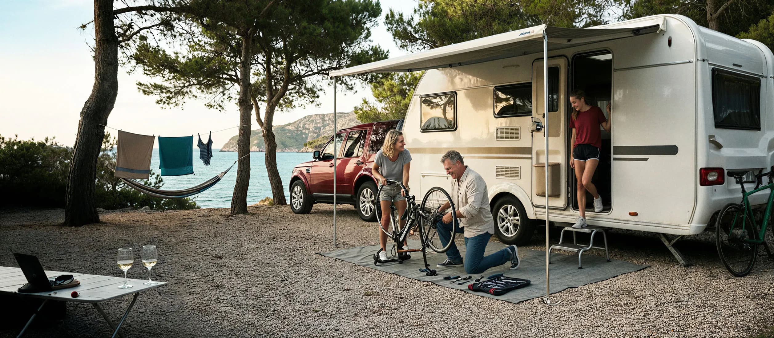 Meerdere personen verblijven bij een caravan op een camping aan zee, terwijl een fiets wordt gerepareerd onder de luifel