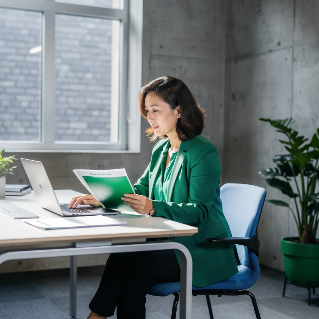 Werkgever met documenten en laptop op kantoor
