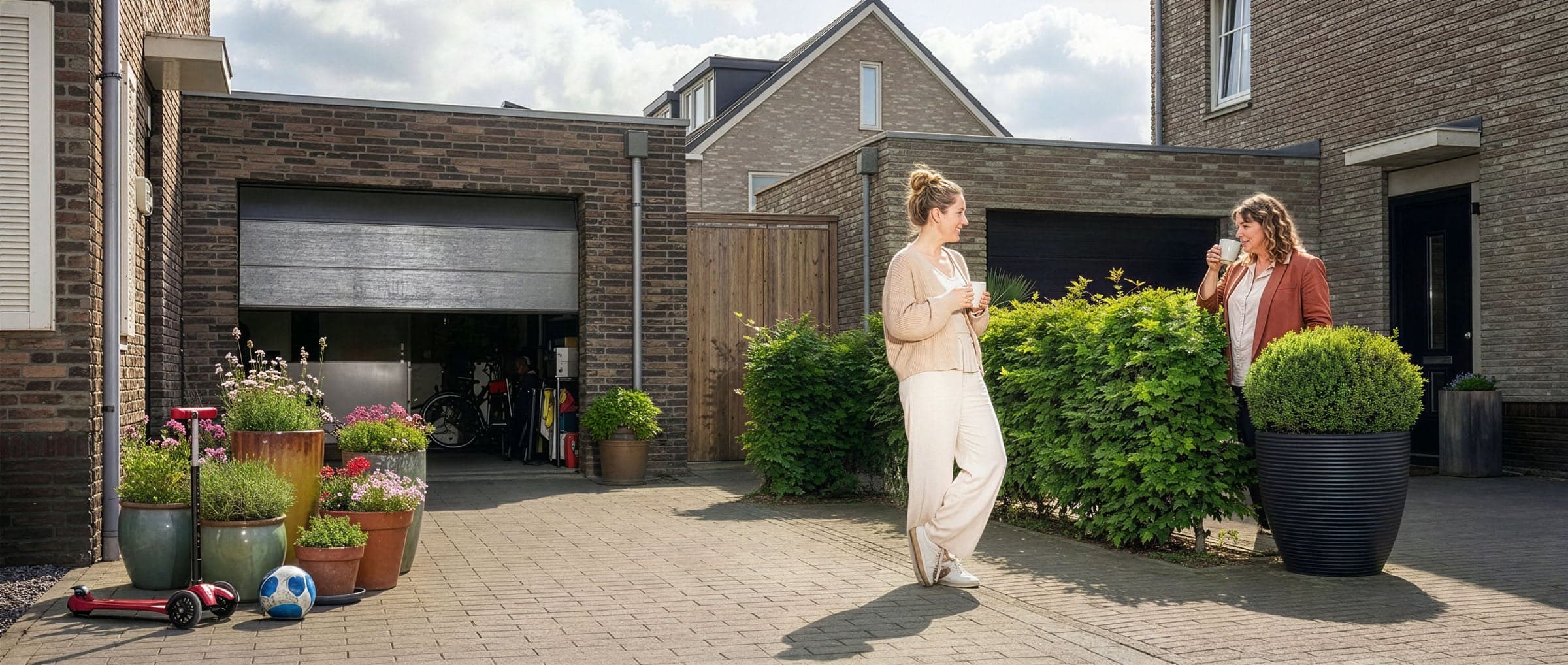 Twee personen staan met een kop koffie voor een woning met een open garage en onderhouden voortuin