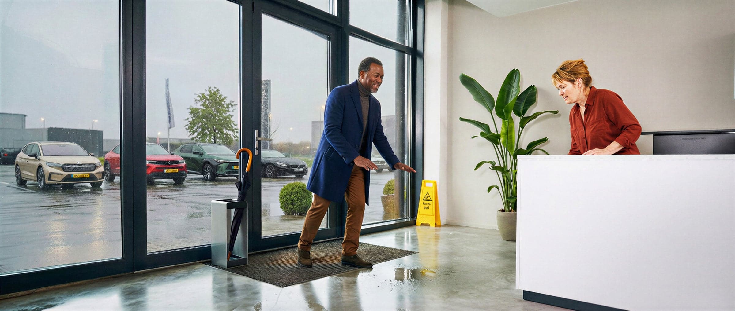 Persoon loopt een gebouw binnen en verliest bijna de balans op een natte vloer, terwijl een waarschuwingsbord voor gladheid zichtbaar is