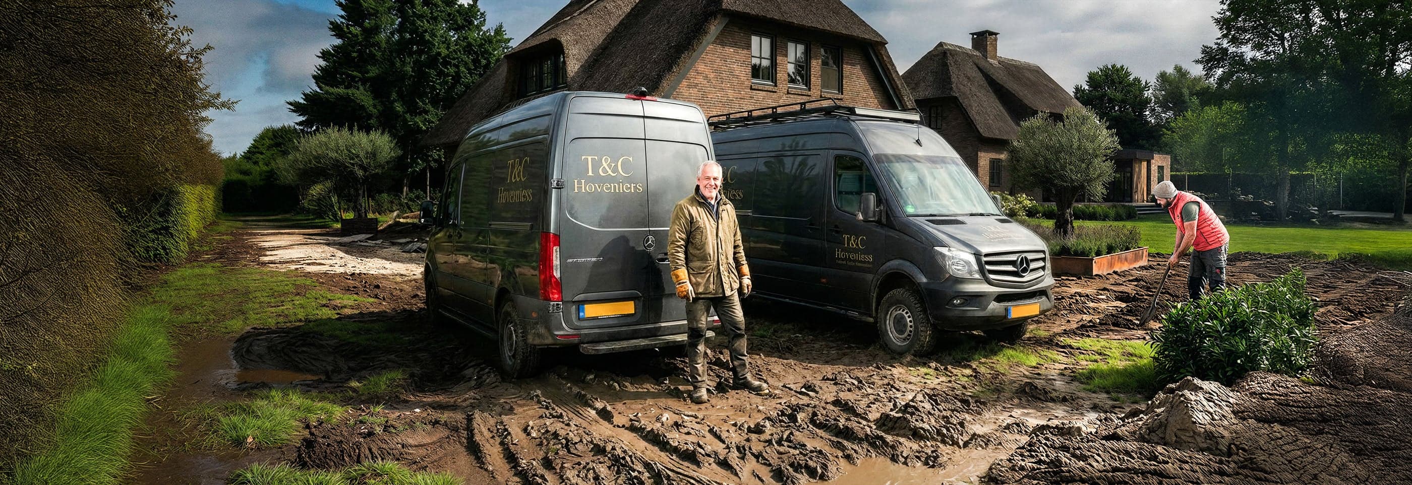 Twee hoveniers werken met bedrijfswagens in een tuin die wordt aangelegd of vernieuwd bij een woning