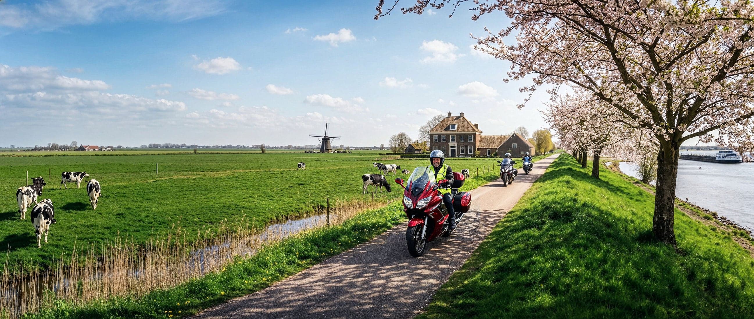 Groep motorrijders rijdt over een dijk langs een rivier, met weilanden, koeien en bloesembomen op de achtergrond