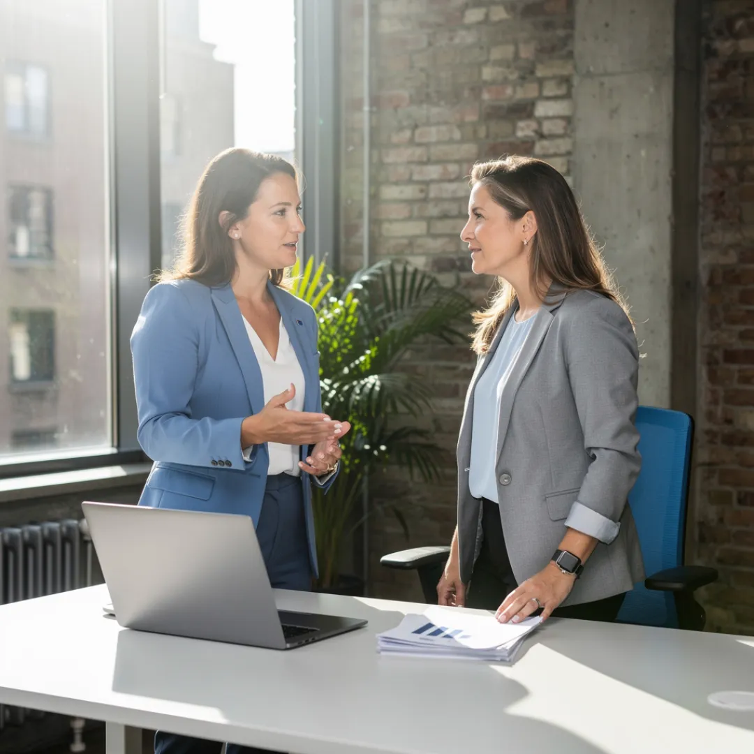 Twee vrouwen staan te overleggen naast een laptop op kantoor