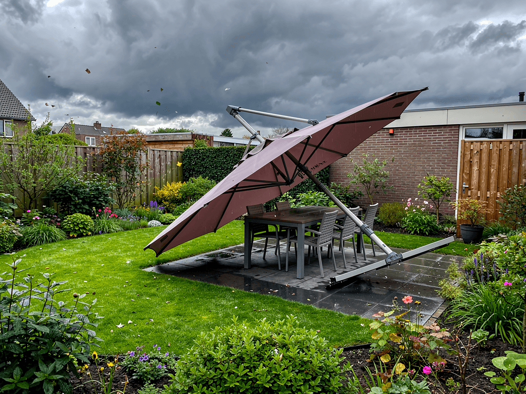 Stormschade in de tuin door harde wind met een omgevallen parasol op het terras