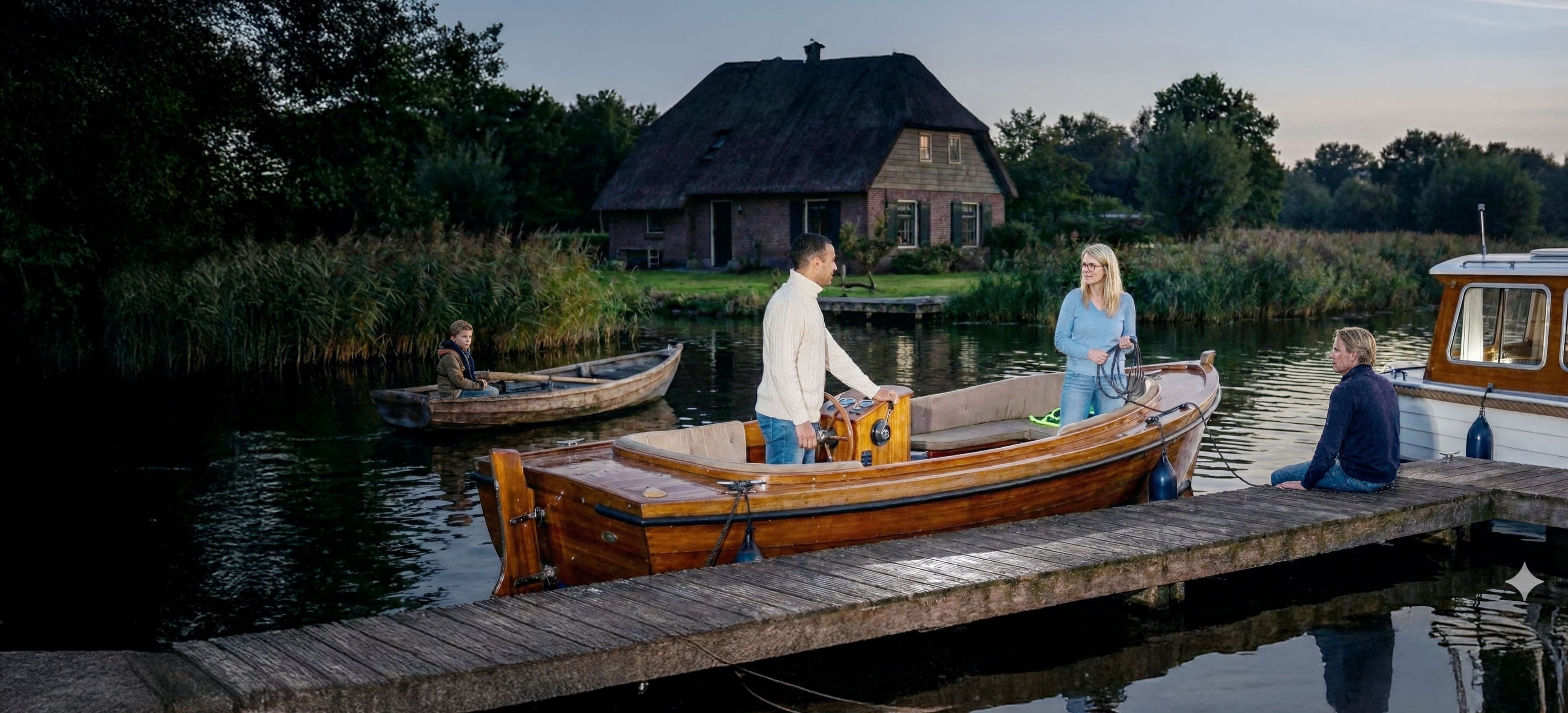 Meerdere personen bevinden zich bij een houten sloep aan een steiger, terwijl op de achtergrond een rietgedekte woning en een roeiboot zichtbaar zijn