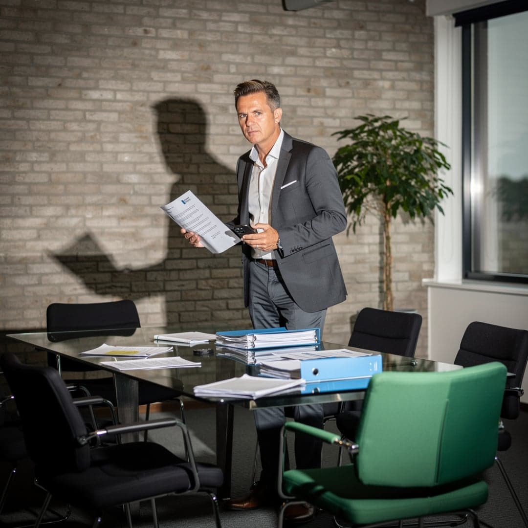 Persoon bekijkt documenten naast een vergadertafel