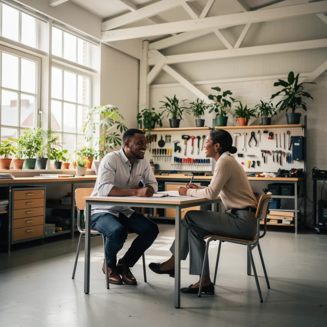 Twee personen bespreken documenten aan een tafel in een werkplaats met gereedschap en planten op de achtergrond