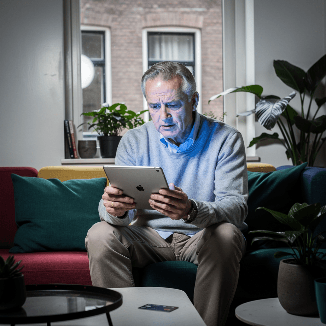 Persoon gebruikt thuis op de bank een tablet